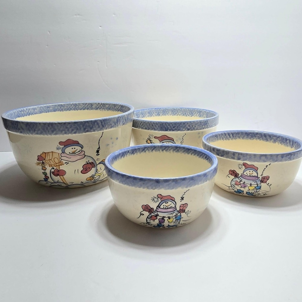 Vital Unit Snowman Nesting Ceramic Mixing Bowls Set of 4 Winter Christmas Blue